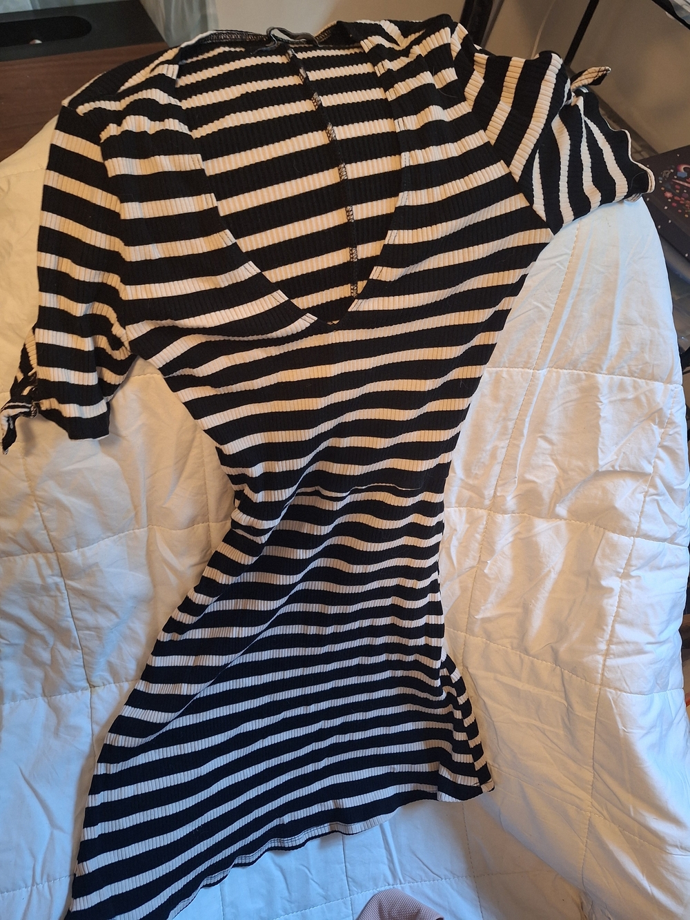 Reformation Black & White Striped Ribbed V-Neck Dress